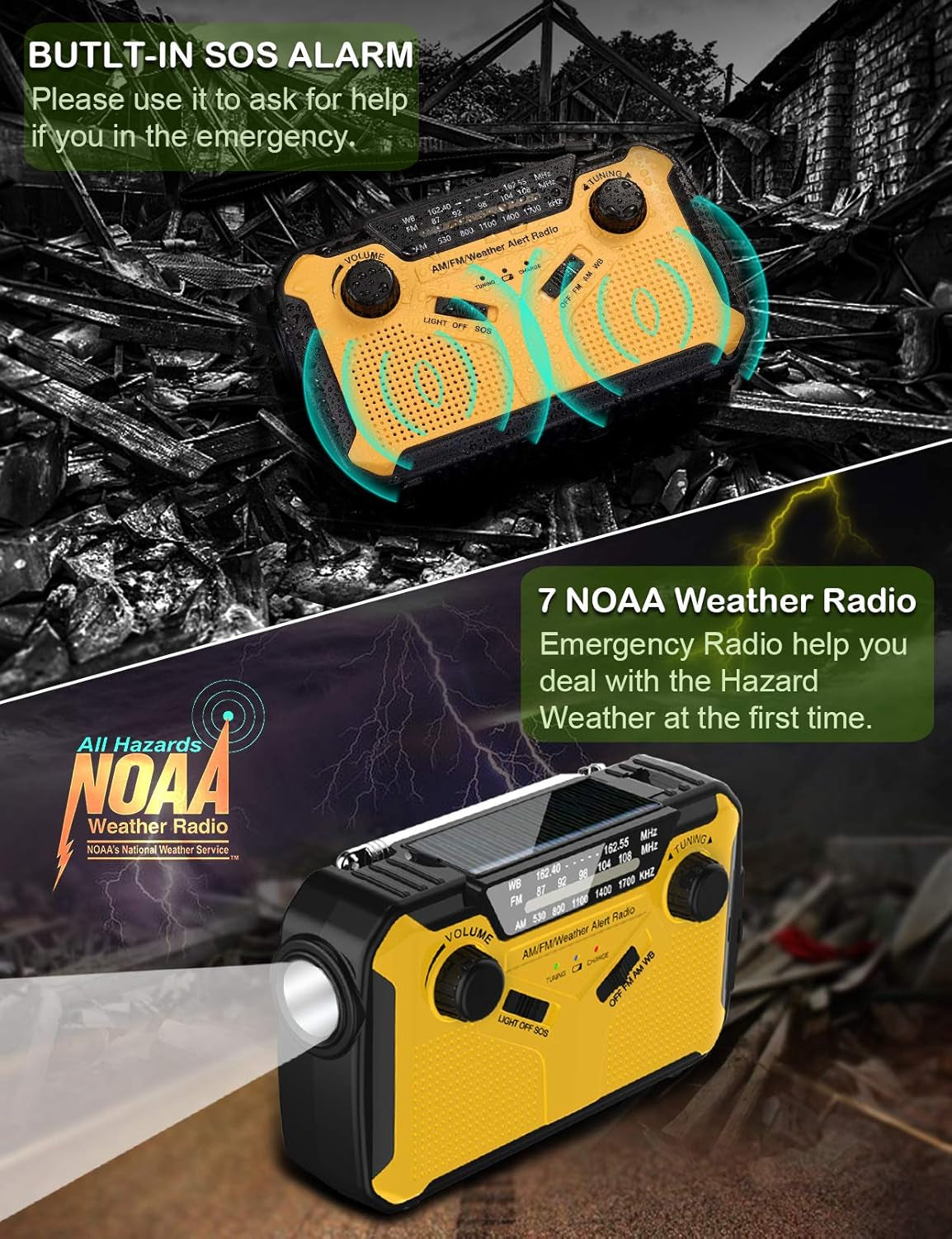 Emergency Radio, NOAA Weather/Am/Fm Portable Hand Crank Solar Radios with SOS Alarm, Battery Powered and Built-In 2500Mah Power Bank, Flashlight and Reading Lamp for Camping, Hurricane, Home