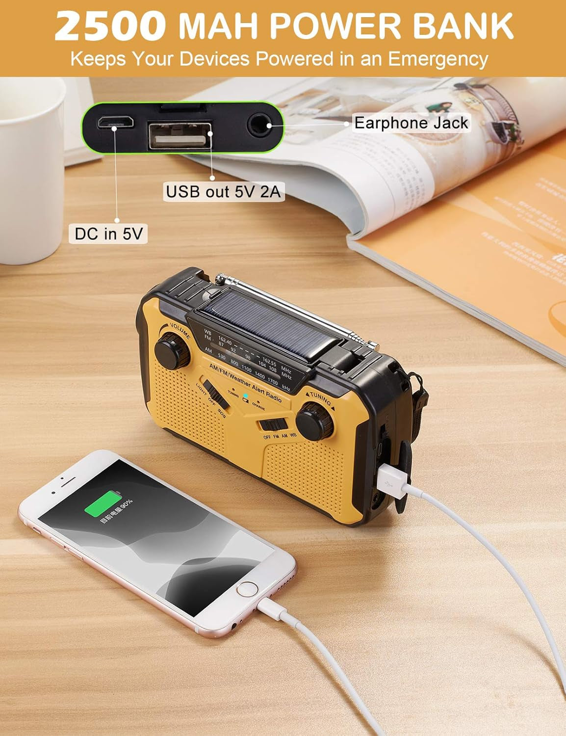 Emergency Radio, NOAA Weather/Am/Fm Portable Hand Crank Solar Radios with SOS Alarm, Battery Powered and Built-In 2500Mah Power Bank, Flashlight and Reading Lamp for Camping, Hurricane, Home