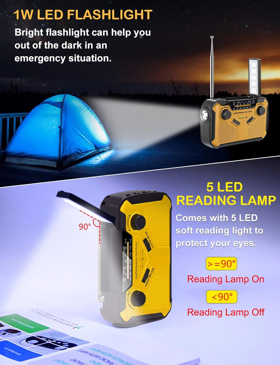 Emergency Radio, NOAA Weather/Am/Fm Portable Hand Crank Solar Radios with SOS Alarm, Battery Powered and Built-In 2500Mah Power Bank, Flashlight and Reading Lamp for Camping, Hurricane, Home