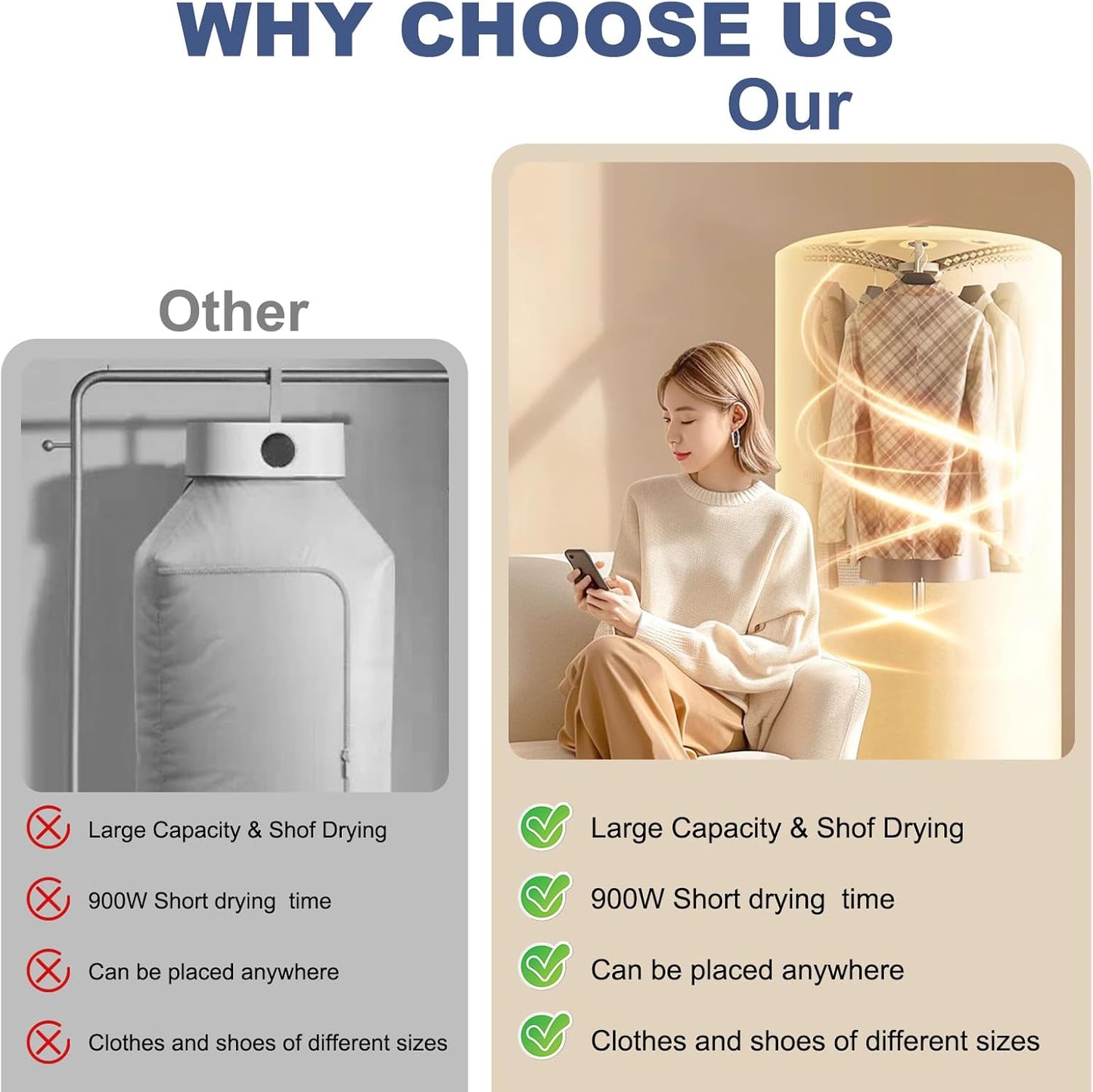 Portable Clothes Dryer Upgraded Large Capacity for Families,Travel and Apartments,Mini 900W Fast-Drying Machine for Skirts, Clothing and Shoes Quick & Easy-To-Use Foldable Compact Dryer(Beige)