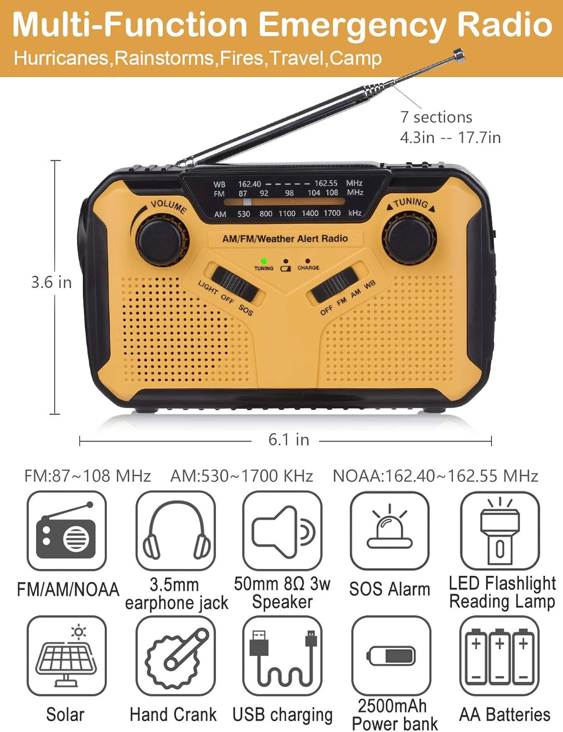 Emergency Radio, NOAA Weather/Am/Fm Portable Hand Crank Solar Radios with SOS Alarm, Battery Powered and Built-In 2500Mah Power Bank, Flashlight and Reading Lamp for Camping, Hurricane, Home